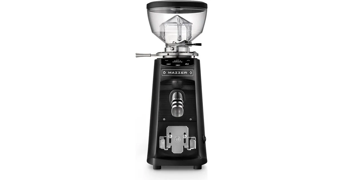 Mazzer Mini Electronic i matt svart sett forfra, med bønnebeholder øverst og gaffel for filterholderen nederst