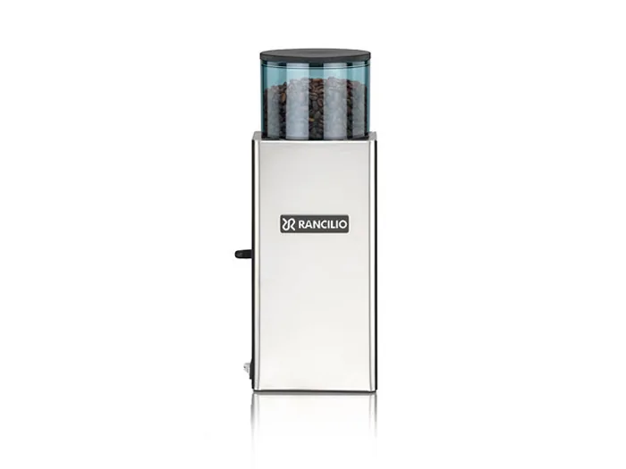 Rancilio Rocky sett bakfra, med blank metallrygg og doseringsspaken stikkende ut på siden