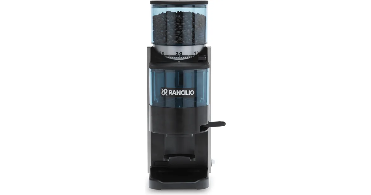 Rancilio Rocky kaffekvern med doserer sett forfra, sort front, blå bønnebeholder og doseringskammer