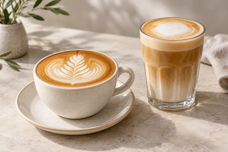 En cappuccino med latte art i en hvit kopp ved siden av en caffè latte i et høyt glass