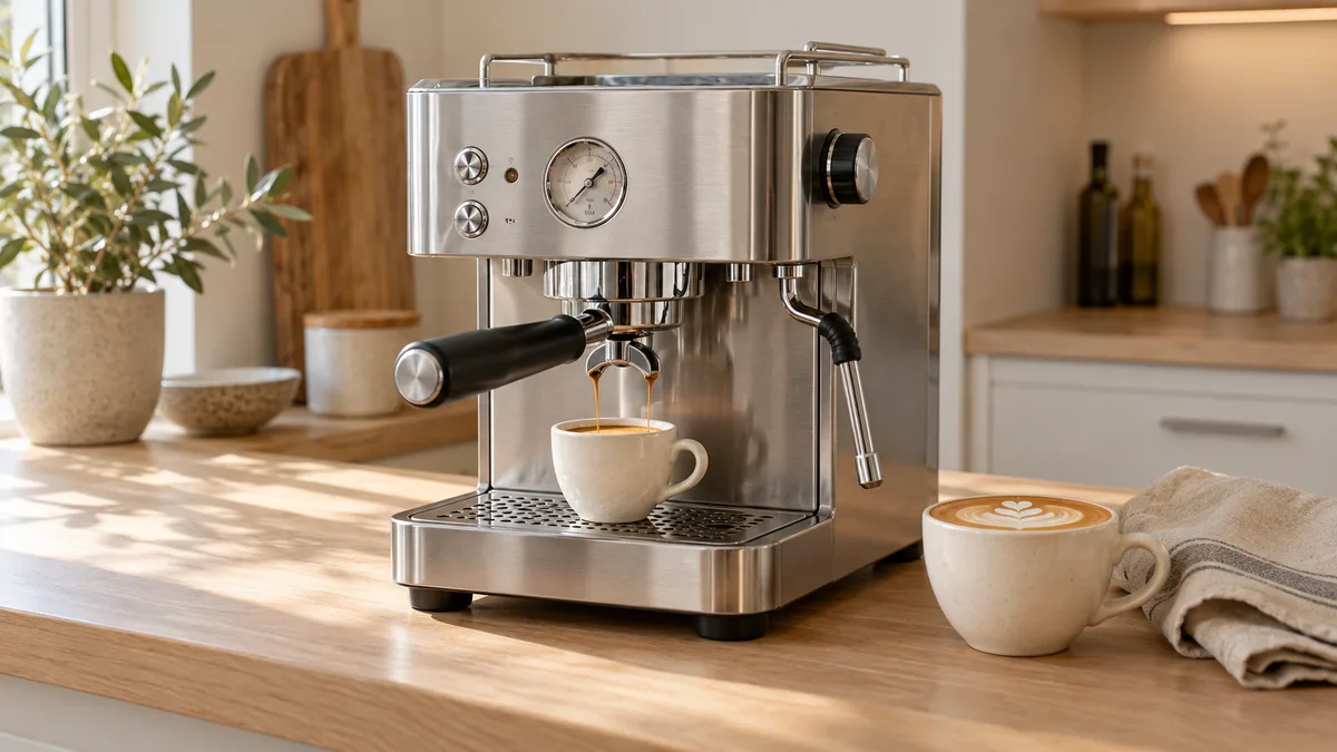 En halvautomatisk espressomaskin i stål lager espresso på en kjøkkenbenk i morgensol, med en cappuccino ved siden av