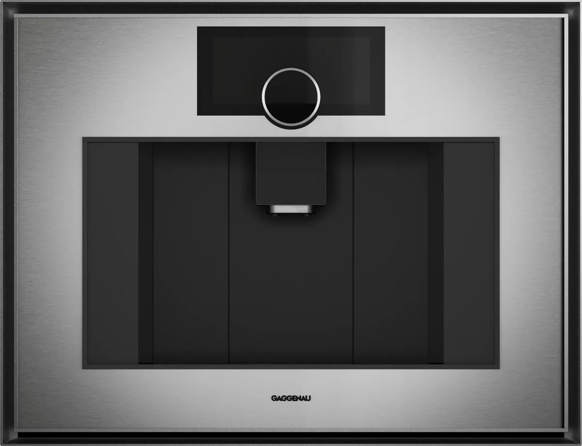 Gaggenau GC461120 sett forfra, en integrert kaffemaskin i stål med rund betjeningsring