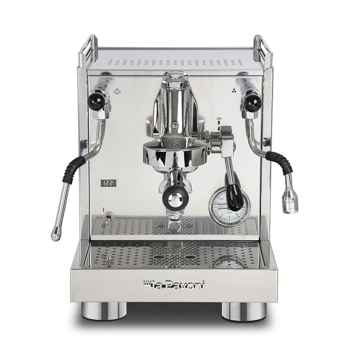 La Pavoni Cellini Evo PID rett forfra, med display til venstre, manometer til høyre og spaker på hver side