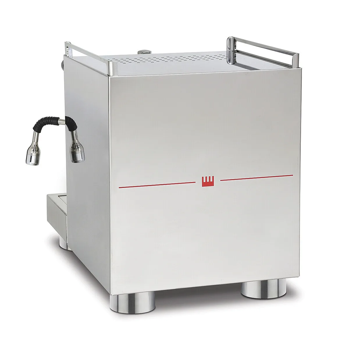 La Pavoni Cellini Evo PID sett fra siden, med blankt stålpanel og en rød stripe med logo