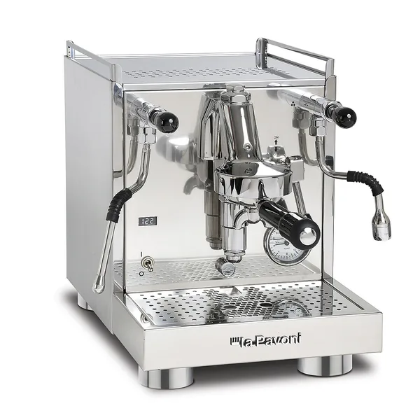 La Pavoni Cellini Evo PID i rustfritt stål, sett skrått forfra