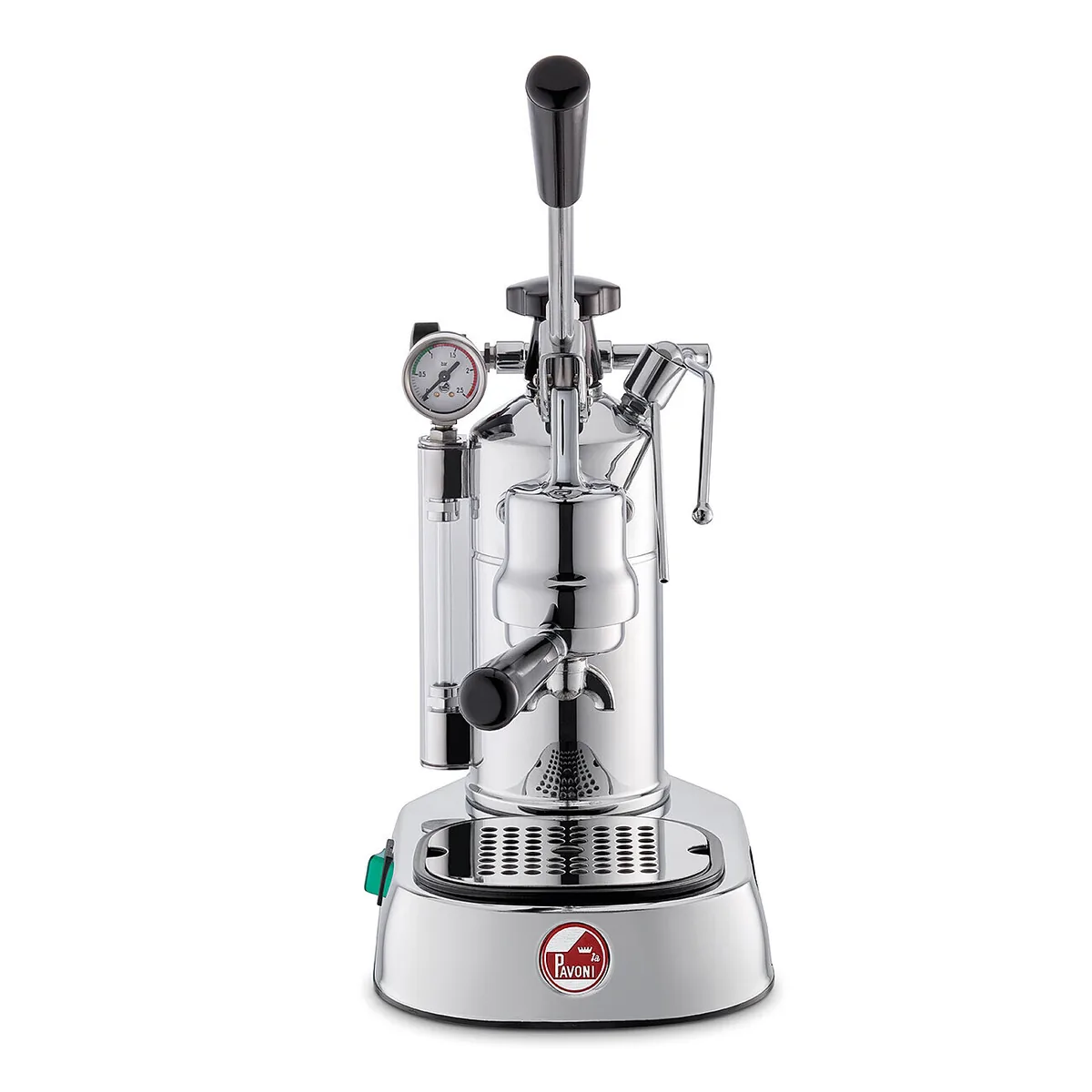La Pavoni Professional Lusso LPLPLQ01EU rett forfra, med manometer og nivåglass til venstre for kjelen og spaken rett opp