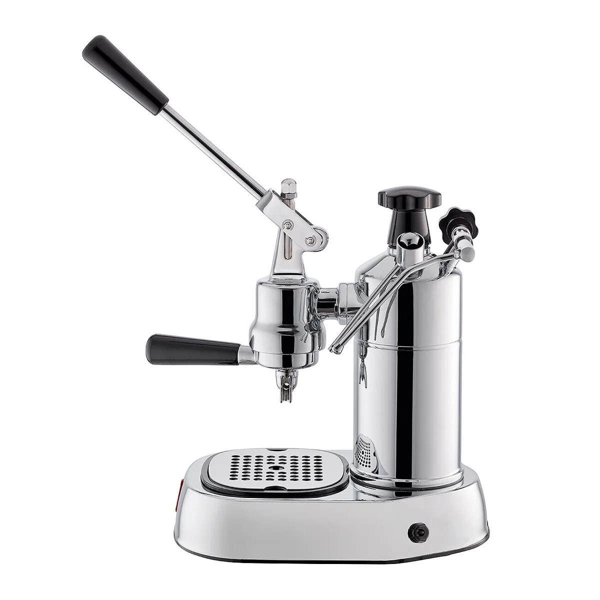 La Pavoni Professional Lusso LPLPLQ01EU sett fra siden, med spaken løftet og filterholderen med svart håndtak