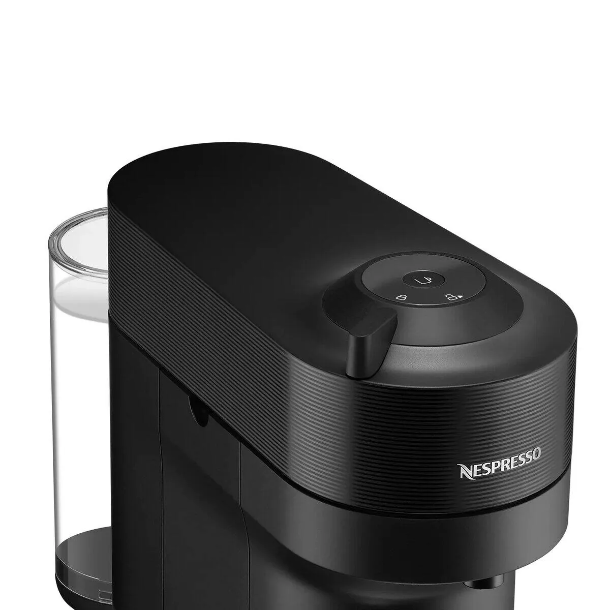 Nærbilde av toppen på Nespresso Vertuo Pop med kaffeknappen og håndtaket rundt den