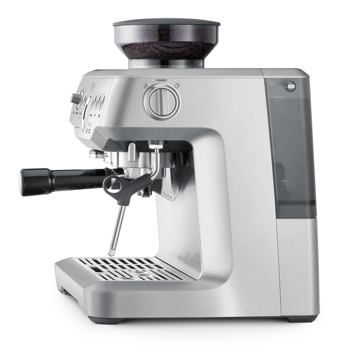 Sage Barista Express BES875 sett fra siden, med dreiebryteren for damp og varmt vann og vanntanken bakerst