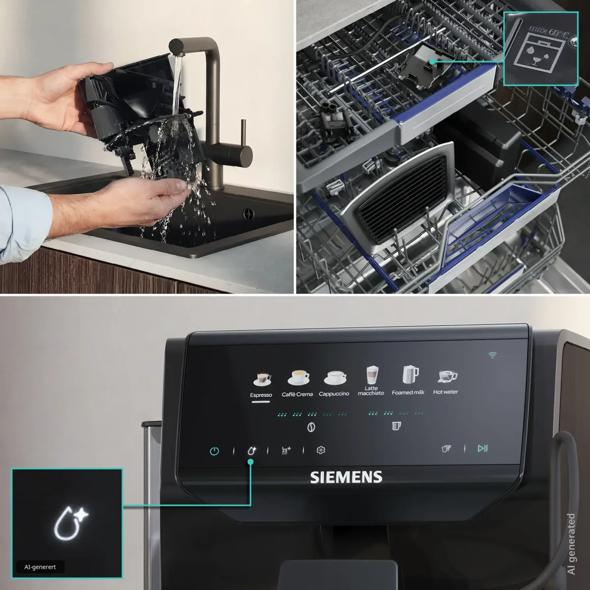Bryggeenheten fra Siemens EQ500 iAroma TP551E09 skylles under kranen, ved siden av deler i en oppvaskmaskin