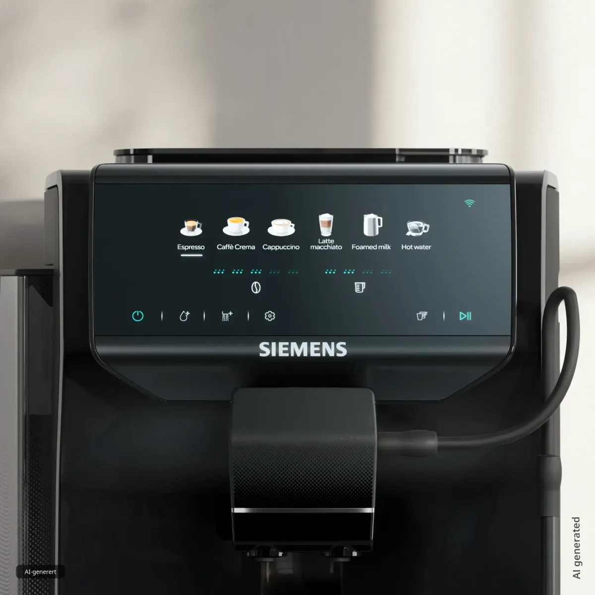 Panelet på Siemens EQ500 iAroma TP551E09 med seks drikkesymboler og berøringstaster under