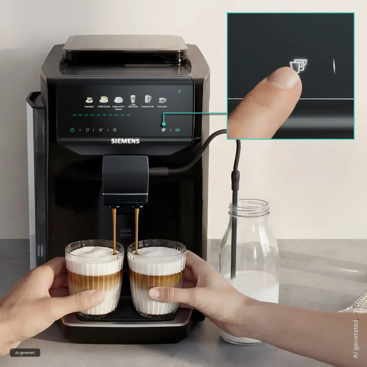 To latteglass under utløpet på Siemens EQ500 iAroma TP551E09, med melkeslangen ned i en flaske melk