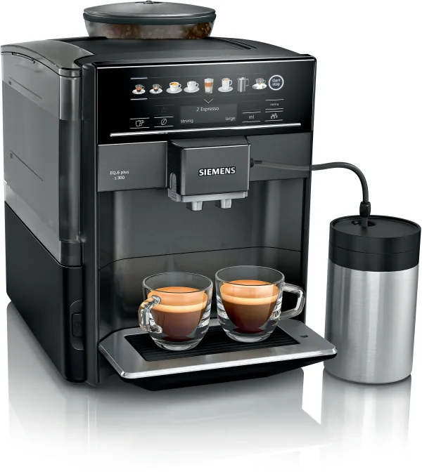 Siemens EQ6 plus s300 TE653M19RW i safir svart metallic, med to espresso og en isolert melkebeholder