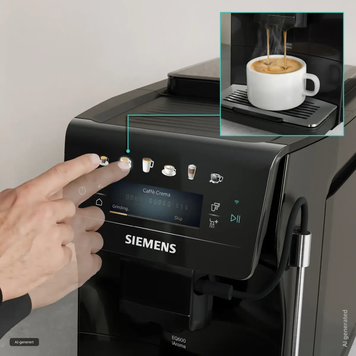 En finger trykker på en drikk over fargeskjermen på Siemens EQ600 iAroma TP601E09, mens skjermen viser Caffè Crema