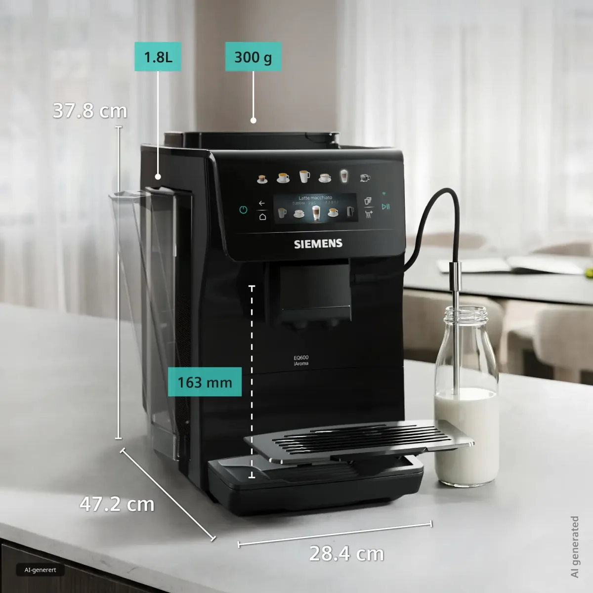 Siemens EQ600 iAroma TP601E09 på en kjøkkenbenk med høyde, bredde og dybde tegnet inn, ved siden av en melkeflaske