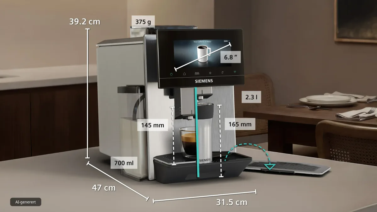 Siemens EQ900 på en kjøkkenbenk med mål påtegnet: 39,2 cm høy, 31,5 cm bred og 47 cm dyp