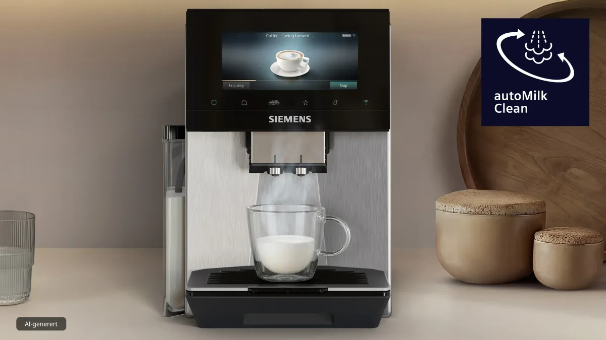 Damp fra utløpet på Siemens EQ900 ned i et glass, merket autoMilk Clean