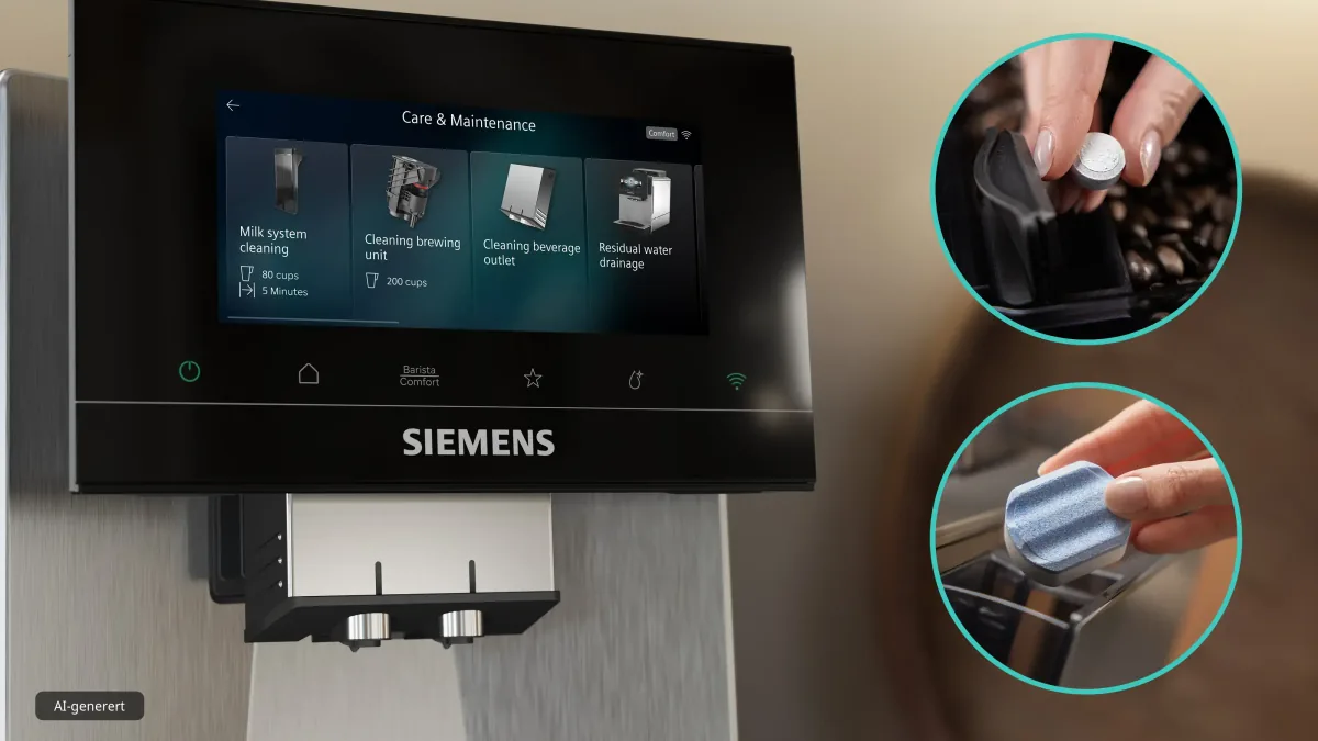 Skjermen på Siemens EQ900 med menyen for stell, og to innfelte bilder av tabletter som legges i maskinen