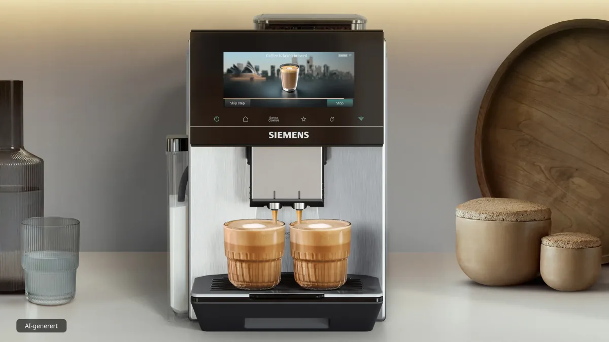 Siemens EQ900 med to glass caffe latte under utløpet samtidig