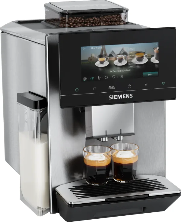 Siemens EQ900 iAroma TQ925E03 i rustfritt stål, med to espressoglass under utløpet