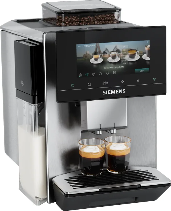 Siemens EQ900 plus iAroma TQ925EZ3 i rustfritt stål, med melkebeholderen bygd inn i siden