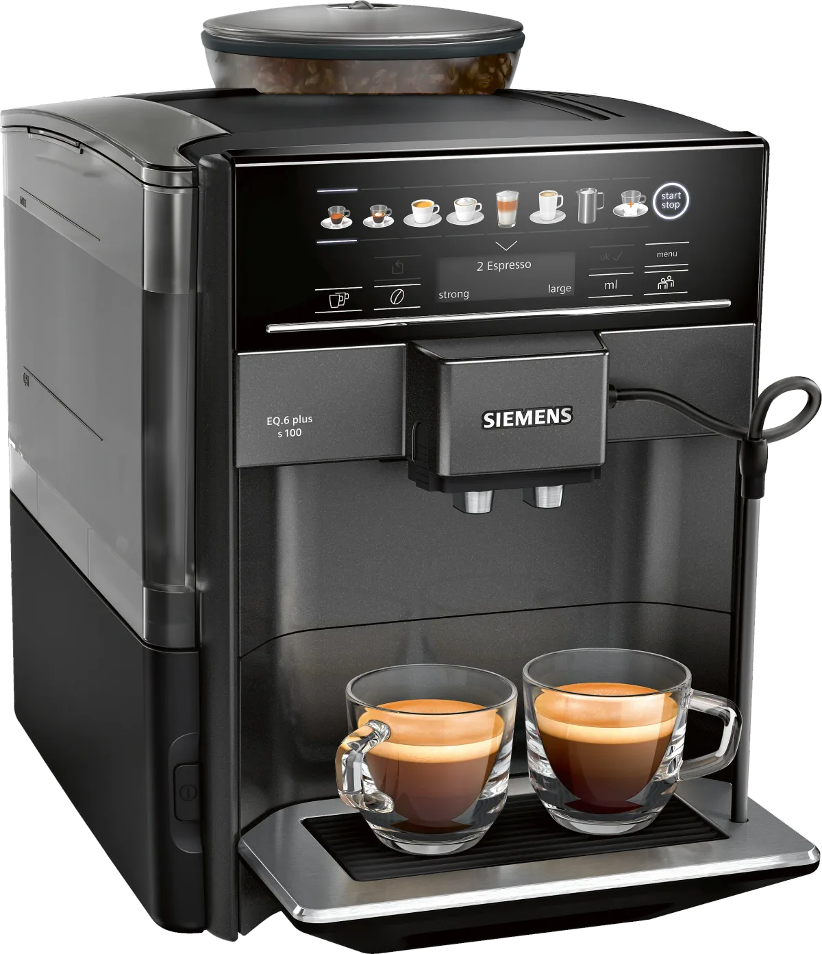 Siemens TE651319RW sett skrått forfra, med to espressoglass under utløpet og 2 Espresso i displayet